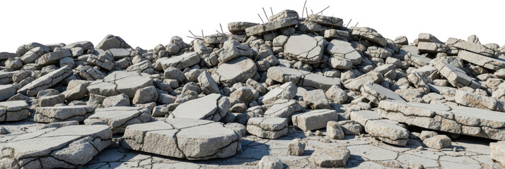 A pile of broken concrete debris with visible rebar cracked slabs and rubble isolated for