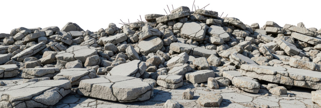 A pile of broken concrete debris with visible rebar cracked slabs and rubble isolated for