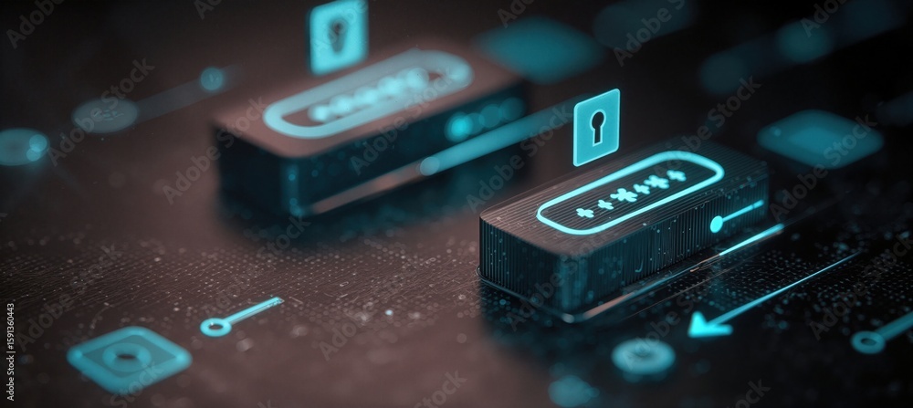 Poster 3d render of stacked login security icons with digital bloom effect
