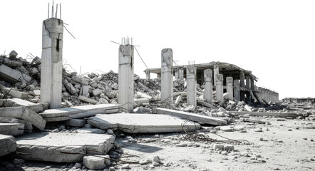 Collapsed concrete building ruins with exposed rebar and debris isolate