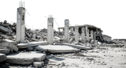 Collapsed concrete building ruins with exposed rebar and debris isolate