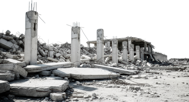 Collapsed concrete building ruins with exposed rebar and debris isolate
