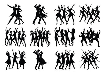 Group Dance Silhouettes Bundle – Stage Performance and Party Dancer Vector Set on white background 

