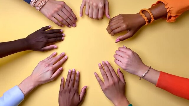 Diverse hands in a circle on a yellow background