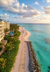 Obraz premium Tropical paradise beach with palm trees, turquoise ocean, and sunny sky perfect for a summer vacation, turquoise ocean, and sunny sky perfect for a summer vacation