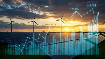 Renewable energy growth with solar panels and wind turbines at sunset, financial charts. - Powered by Adobe