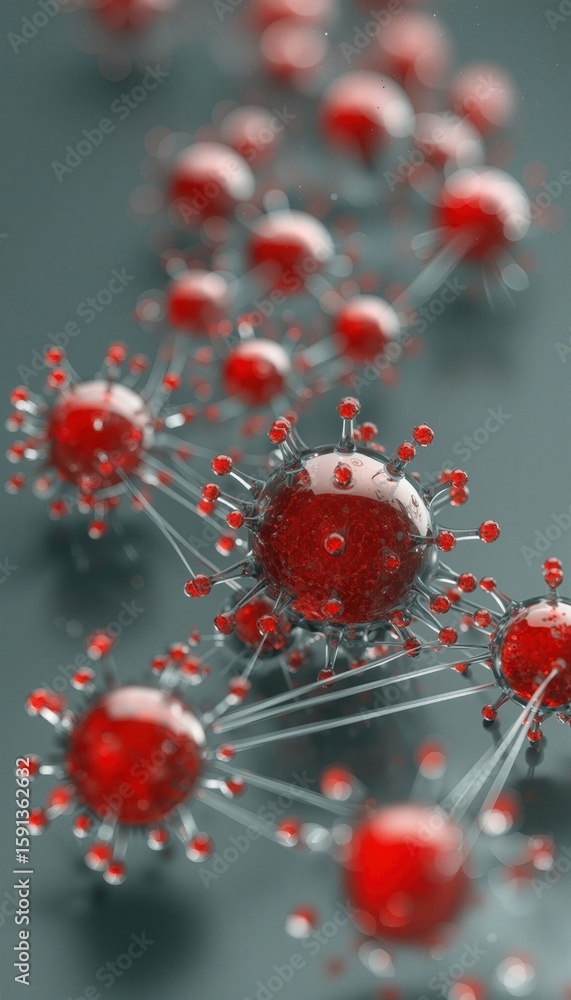 Poster close-up of red virus cells with spiky structures