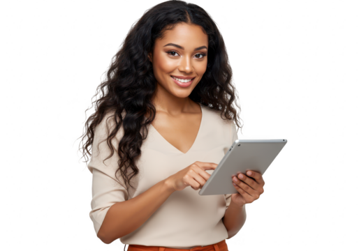 A young woman smiles while holding and using a tablet computer isolated on a transparent background