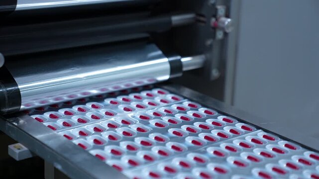 Medicinal tablet packing machine close up. machine packaging tablets in blister, alu alu packing. equipment sealing tablets in packets. automatic sealing machine in a pharmaceutical manufacturing.	