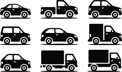 Various car silhouettes showcase different vehicle types, including trucks and vans in black.