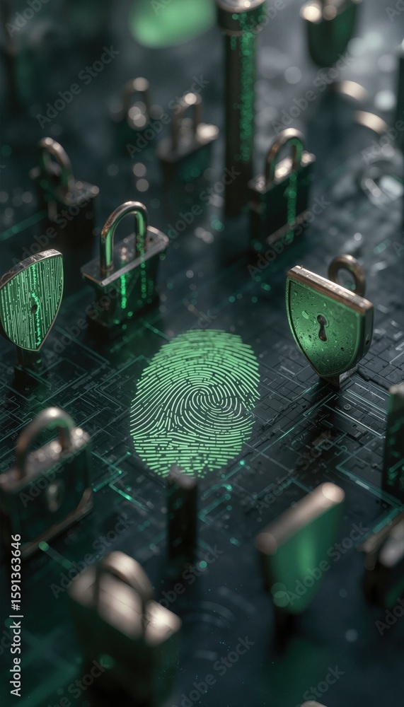 Aufkleber digital security concept with fingerprint and padlocks on circuit board