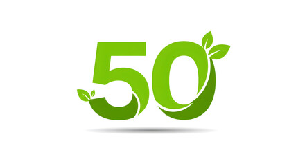 Fototapeta premium Bright Green Number Fifty with Leaves on White Background