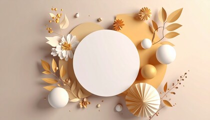 Elegant floral decorative arrangement with circular space for text neutral tones digital graphic design minimalist style