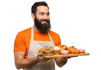 A smiling baker with a beard holds a wooden tray filled with assorted pastries and donuts isolated on a transparent background