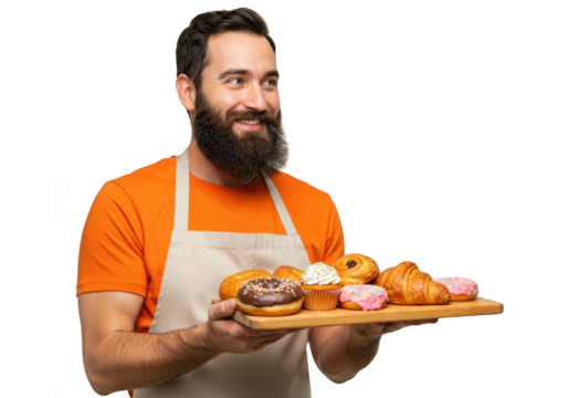 A smiling baker with a beard holds a wooden tray filled with assorted pastries and donuts isolated on a transparent background - Powered by Adobe