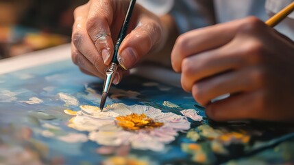 Close-up of Artist's Hands Painting a Flower