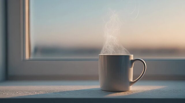 Steaming cup beverage on windowsill in morning light warmth