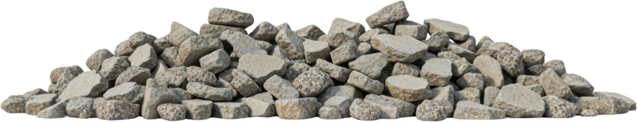 Pile of broken grey granite rocks and rubble a heap of natural rough stones transparent background