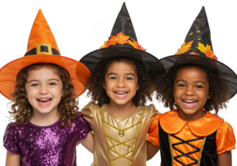 Three happy young girls in witch costumes and hats laugh together, celebrating halloween isolated on a transparent background