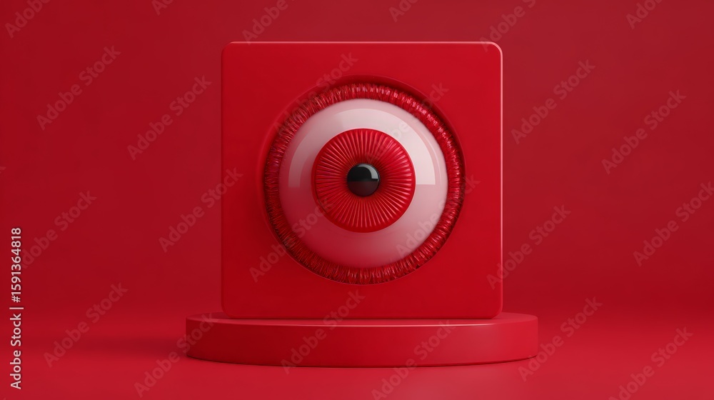 Poster a vibrant red graphic featuring a circular design element on a solid background.