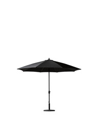 Black patio umbrella providing shade in sunny outdoor setting