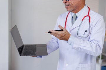 healthcare, Mala doctor character holds laptop and standing in workplace.Professional consultation....