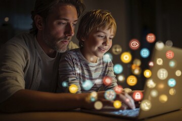 Obraz premium Father and Son Exploring Digital World on Laptop at Night