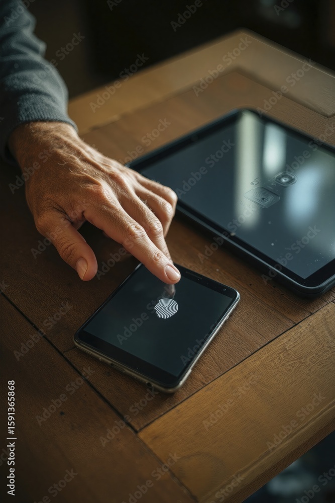 Poster fingerprint authentication on smartphone with tablet on wooden table