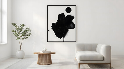 Modern living room featuring minimalist furniture and abstract black art on the wall.