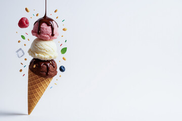 Whimsical ice cream cone with three scoops—strawberry, vanilla, and chocolate—drizzled with chocolate syrup, surrounded by floating toppings like nuts and sprinkles, against white background with copy