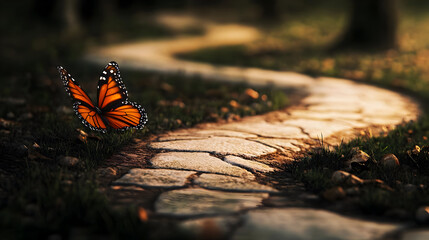A butterfly floats above a winding stone path through a forest. Golden light filters through the trees