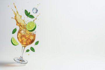 Refreshing splash of iced tea with lime and mint leaves creates vibrant and dynamic scene, perfect for summer beverage concept. ice cubes add cooling effect with copy space