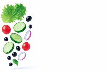 Fresh vegetables including lettuce, cucumber, cherry tomatoes, black olives, and red onion slices are creatively arranged on white background,  with copy space