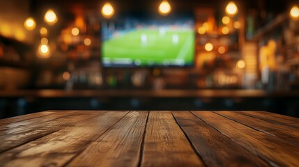 Empty wooden table in a blurry sports bar with a large screen showing a soccer game.