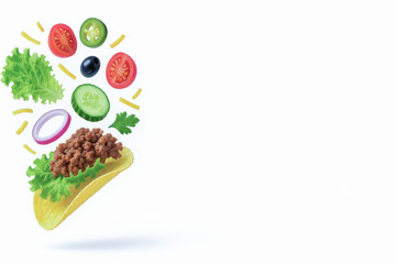 Vibrant taco with ingredients like lettuce, tomato, cucumber, onion, olive, and ground meat creatively floating above taco shell, showcasing fresh and appetizing presentation with copy space