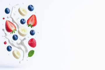 Fresh strawberries, bananas, blueberries, and raspberries splash in milk, creating vibrant and refreshing scene. composition is dynamic and colorful, perfect with copy space