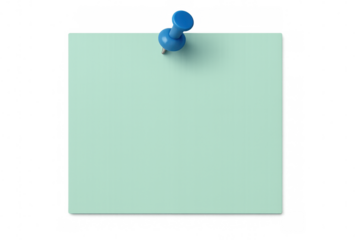 Blue push pin fastening light green sticky note against transparent background, signaling quick memo or reminder concept