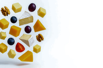 Variety of cheeses nuts and fruits are artistically arranged against white background creating vibrant and appetizing display. assortment includes cubes and wedges  with copy space