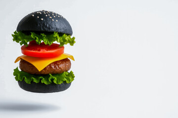 Floating black burger with lettuce, tomato, cheese, and patty creates modern and artistic food presentation. black bun contrasts with vibrant ingredients, adding unique twist with copy space