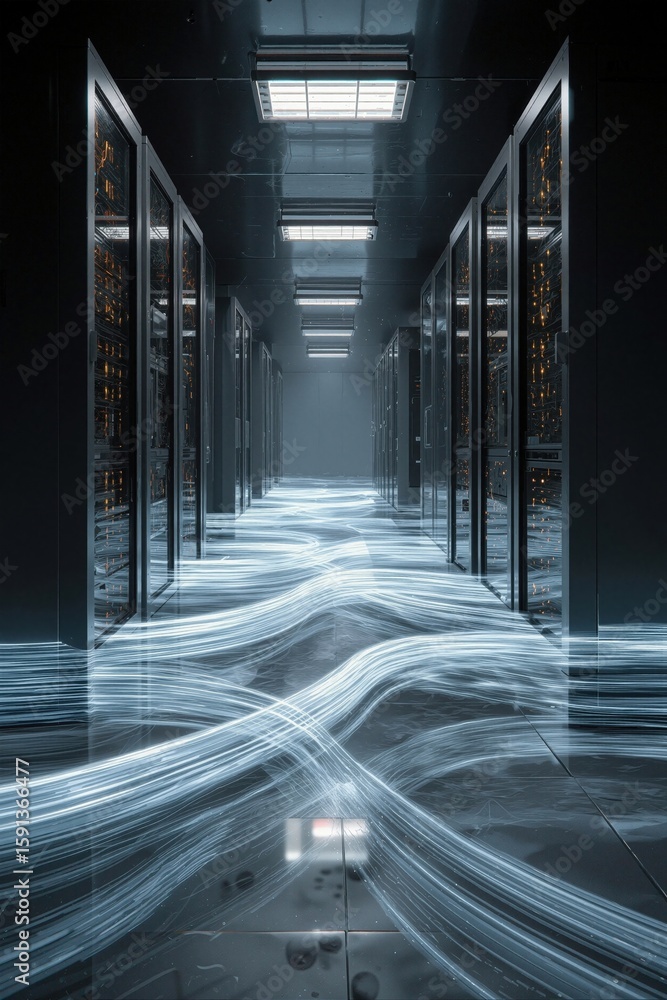 Poster futuristic data center with flowing digital streams