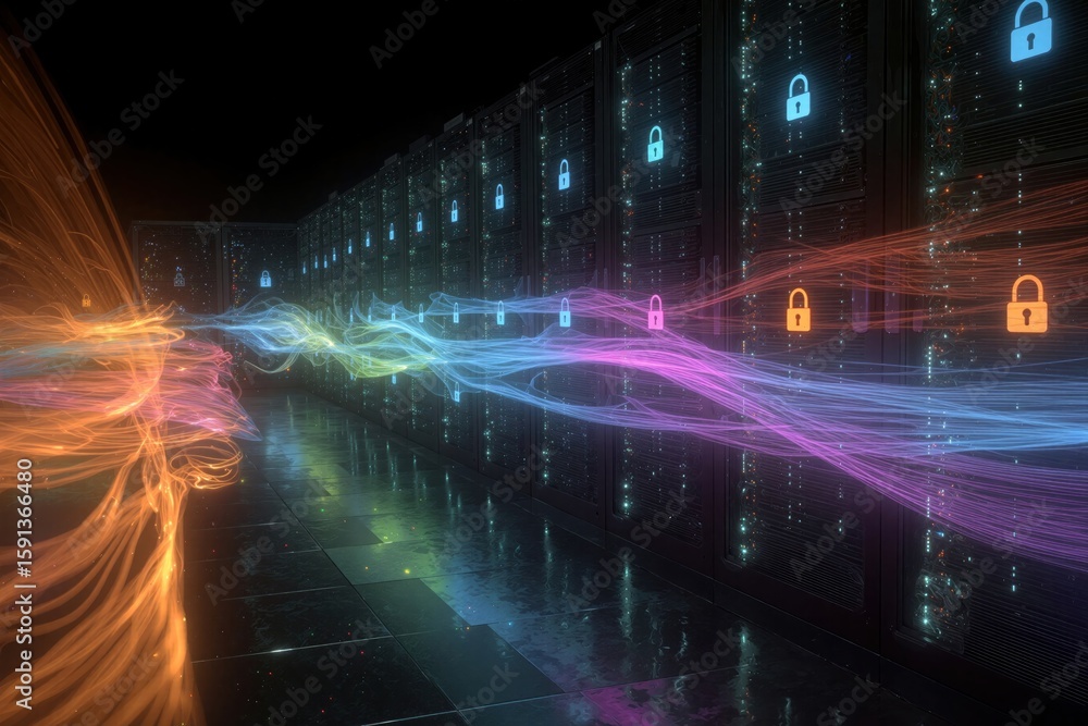 Poster futuristic data center with colorful digital waves and security icons