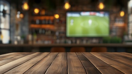 Empty wooden table in blurred sports bar background.