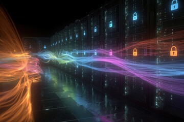 Futuristic Data Center with Colorful Digital Waves and Security Icons