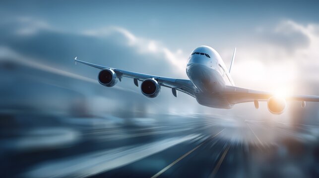 An airplane soaring through the clouds on a bright and sunny day.
