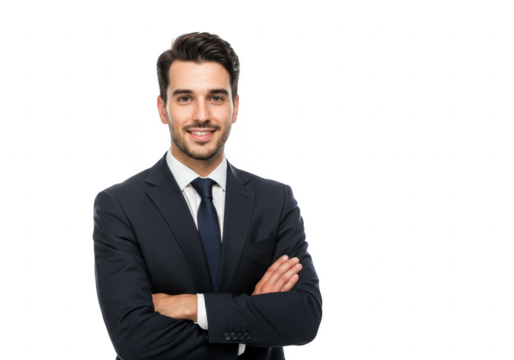 A confident and smiling businessman in a suit with arms crossed, isolated on a transparent background