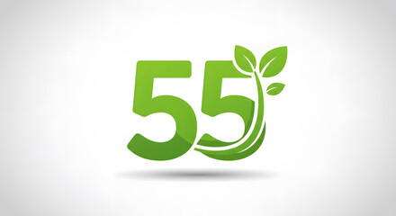 Green Number Fifty-five with Growing Leaves on White Background