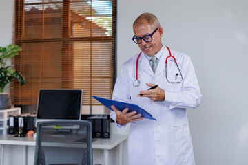 healthcare, Mala doctor character holds clipboard and standing in workplace.Professional...