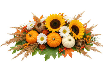 A vibrant autumn harvest centerpiece featuring sunflowers, daisies, pumpkins, gourds, berries, and leaves, isolated on a transparent background