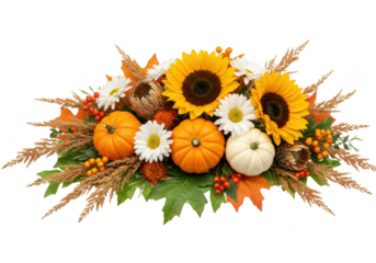 A vibrant autumn harvest centerpiece featuring sunflowers, daisies, pumpkins, gourds, berries, and leaves, isolated on a transparent background