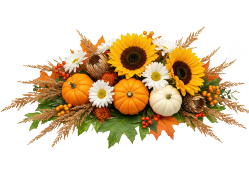 A vibrant autumn harvest centerpiece featuring sunflowers, daisies, pumpkins, gourds, berries, and leaves, isolated on a transparent background